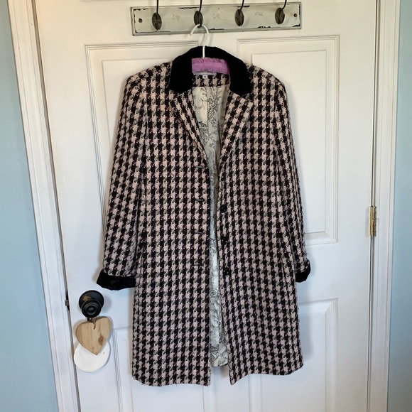 SOLD! Lovely houndstooth overcoat dress coat wool blend tweed black white pink 4 - Picture 5 of 15